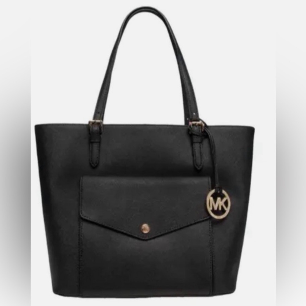Michael Kors Black Leather Tote with Front Flap Pocket and MK Charm NWOT Zip Top